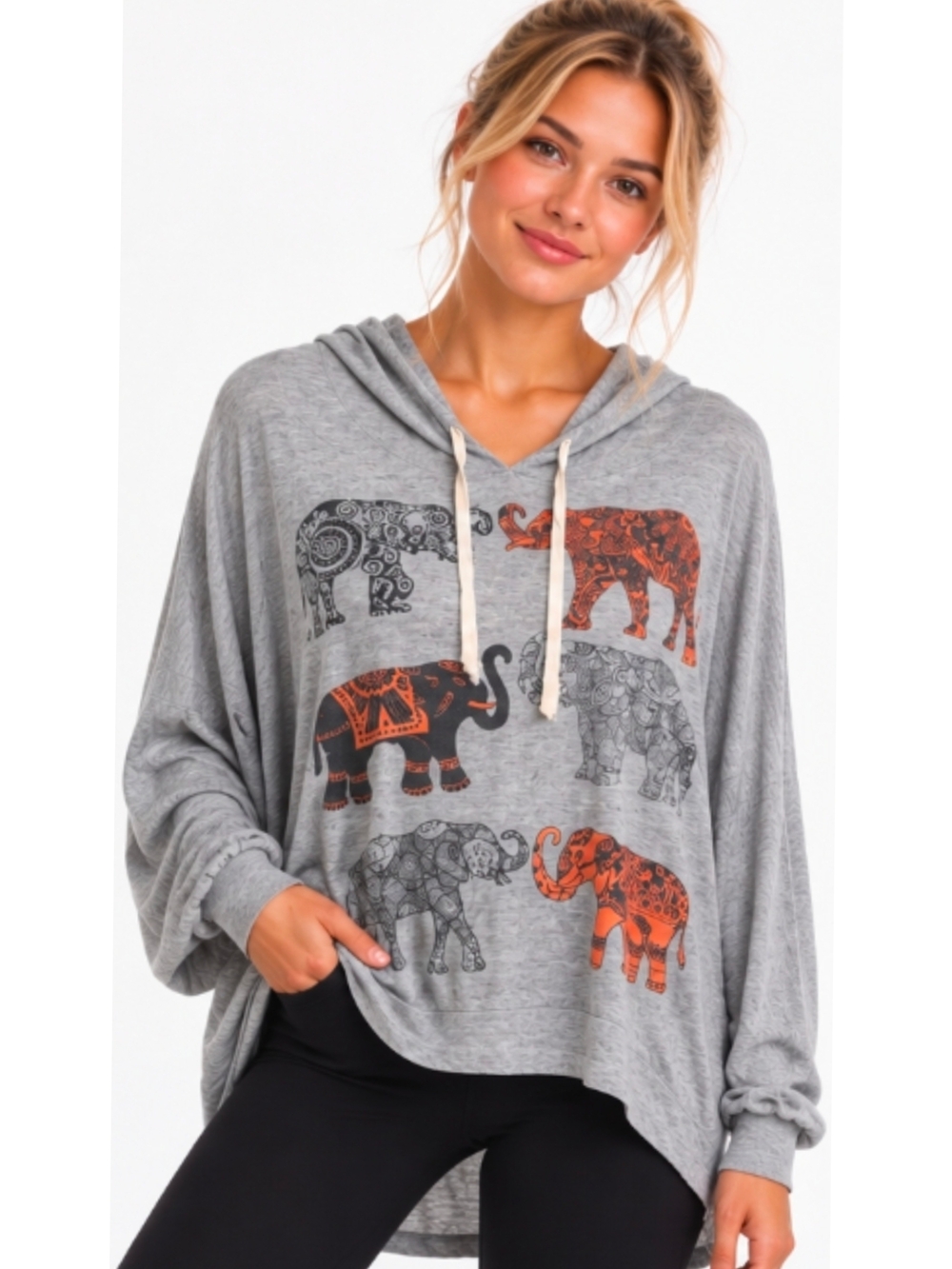 Four Girlz Gray Hoodie Top with Orange & Black Elephant Print Size L